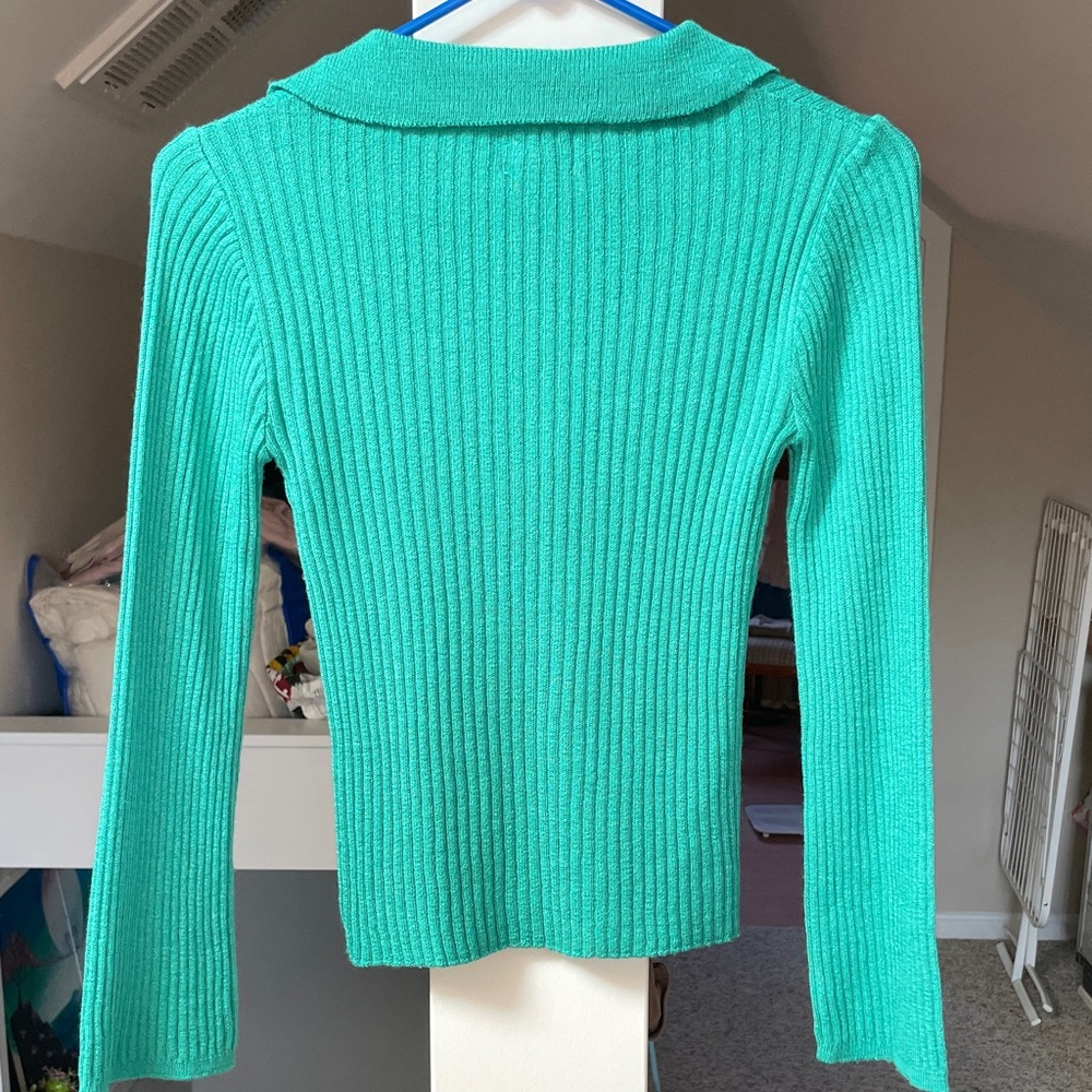 ASOS size 2p Teal Ribbed, Collared Cardigan - Picture 3 of 3